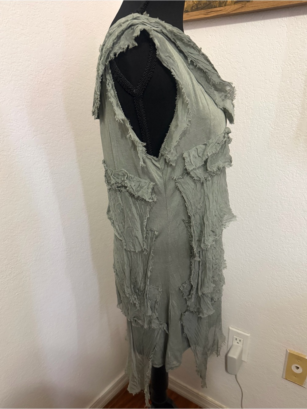 Meo Meli Layered Ruffle Sleeveless Italian Silk Tunic - Sage Green - Picture 3 of 7